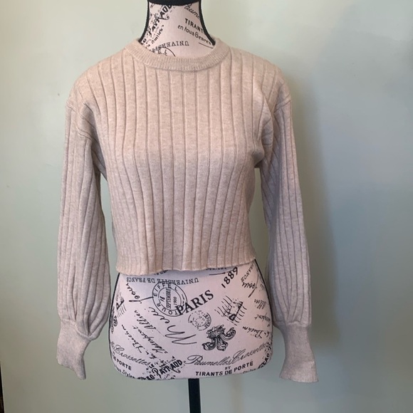 Poof! Cropped Sweater Women’s Size L Ribbed Tan Crew Neck - Picture 1 of 6